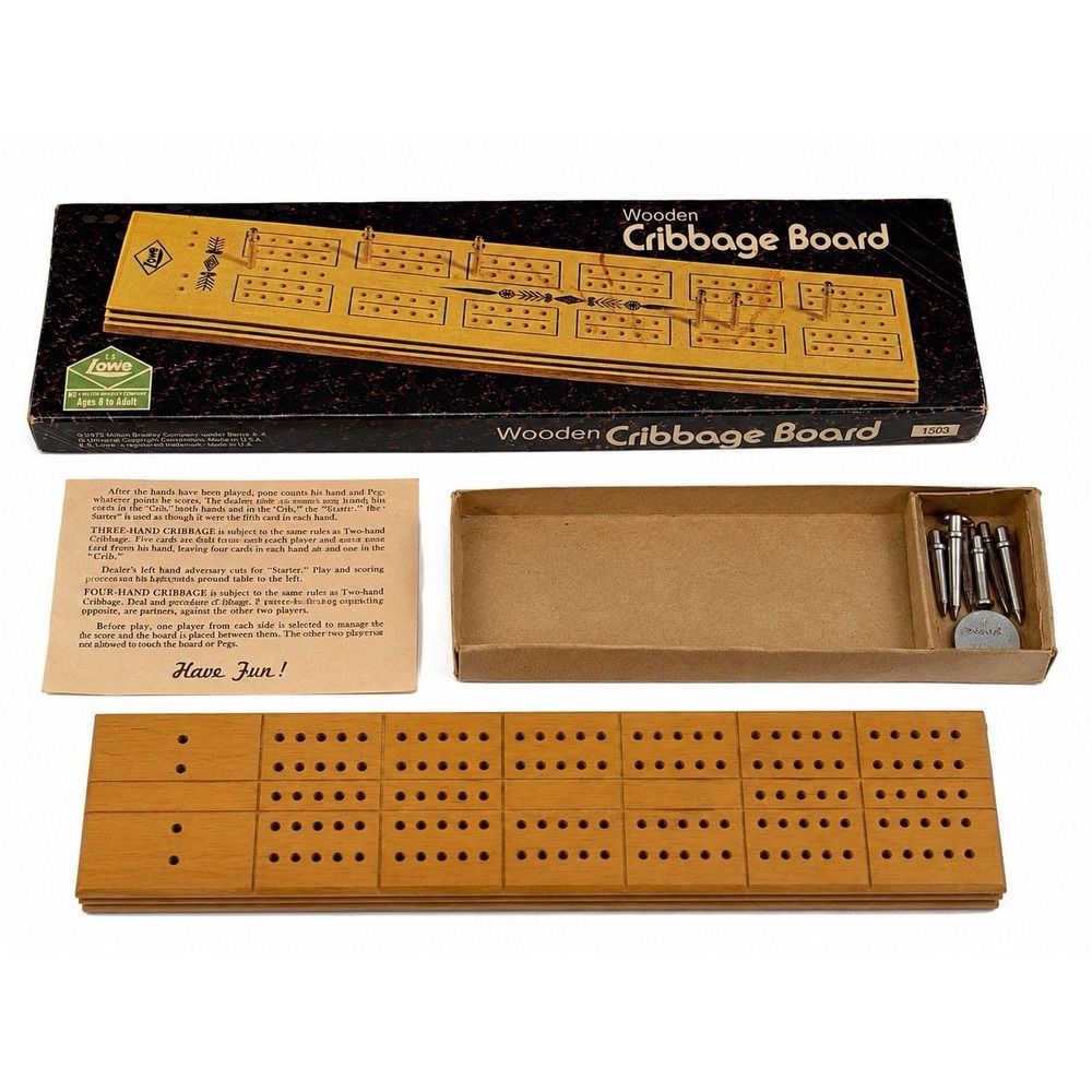 Vintage E.S. Lowe Wooden Cribbage Board‎ Folding Game Set w Box Pegs Com
